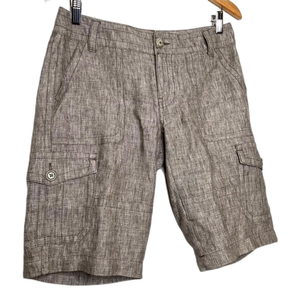 CAbi Women's 100% Linen Bermuda Shorts Size 4 Cargo Style Taupe Color